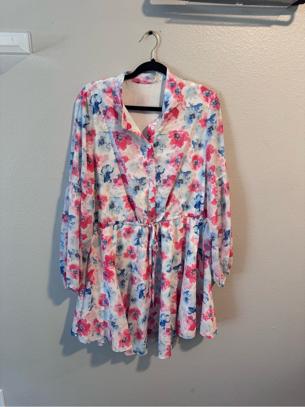Floral Tie-Waist Button Front Tunic Top - Pink & Blue